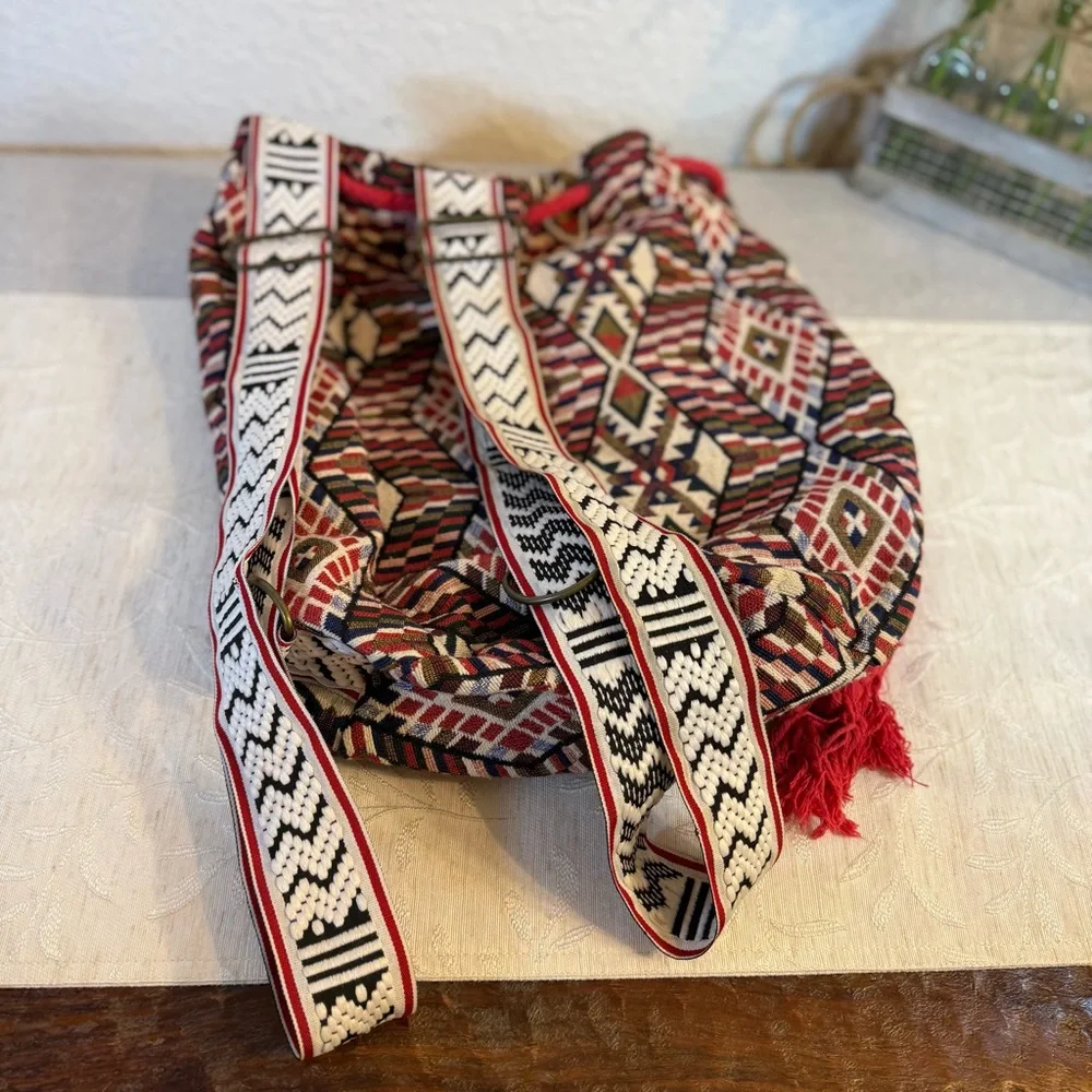 Woven Tapestry Aztec Patterned Drawstring Backpack. 15x15.‎ Multicolor